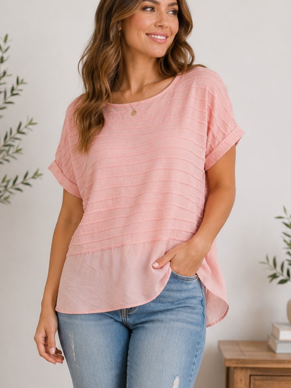 Chico's Blush Pink Short Sleeve Layered Hem Top
